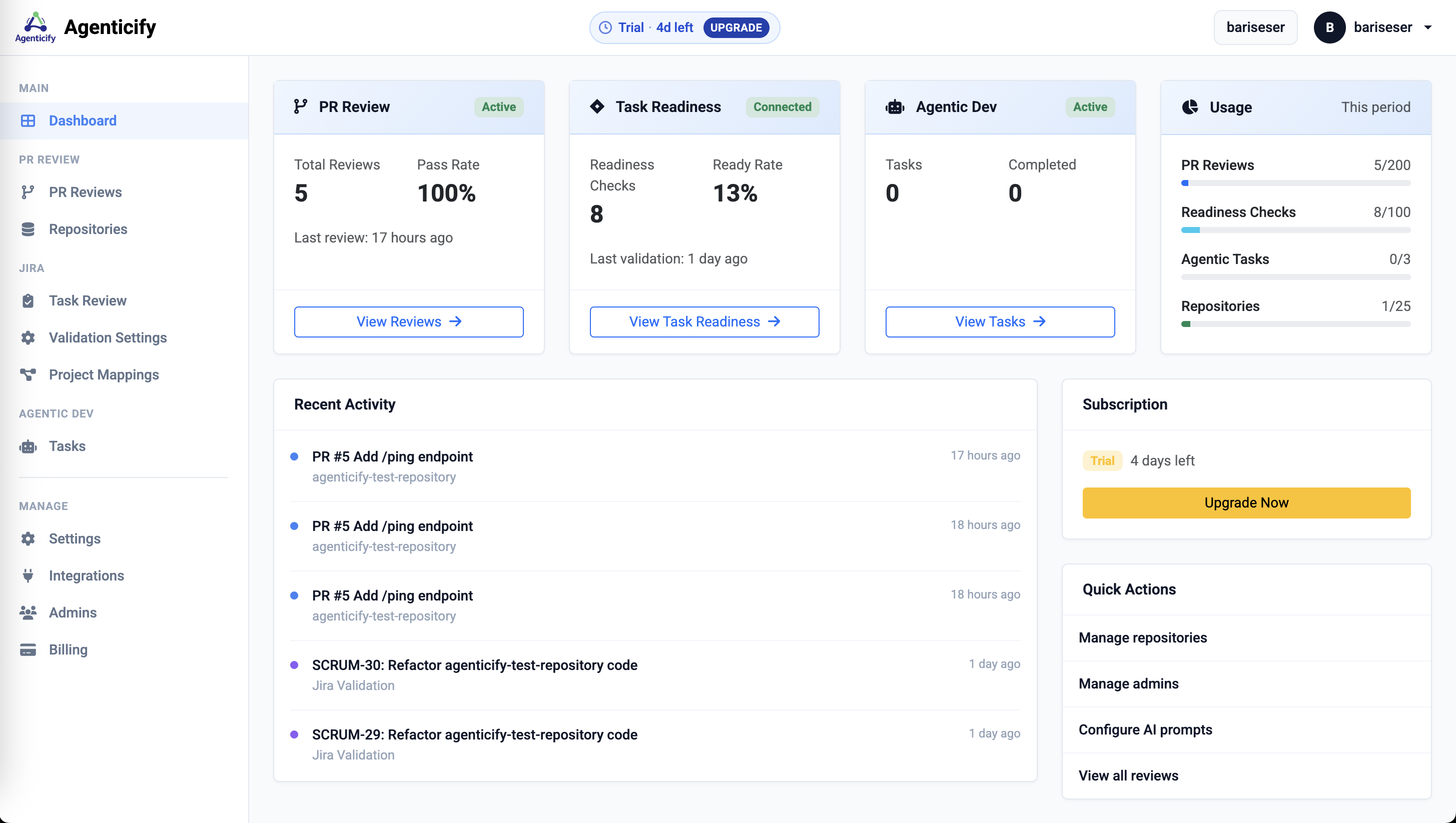 Agenticify Dashboard — PR reviews, task readiness, agentic tasks, and usage overview