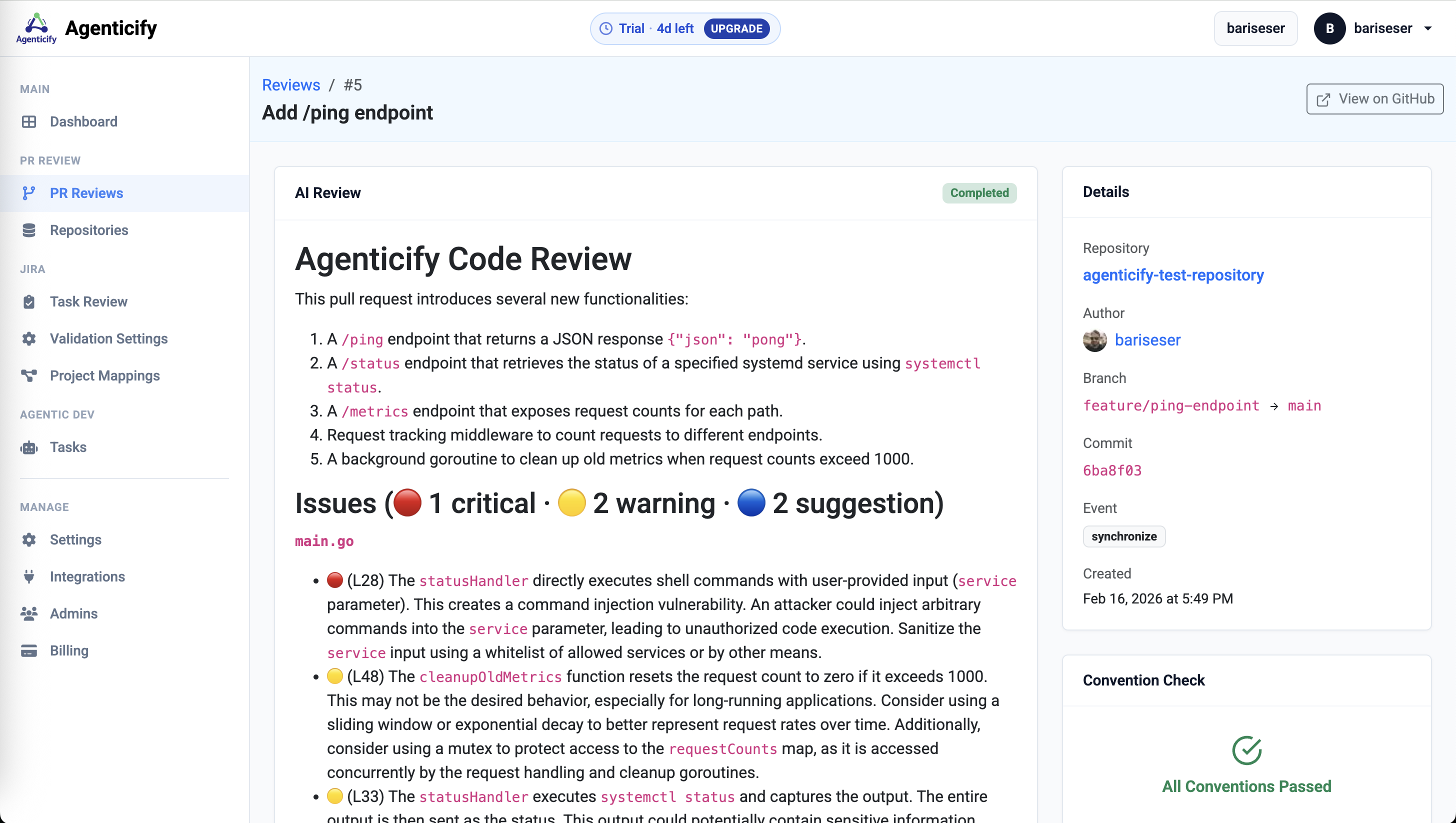 Agenticify AI Code Review — severity-coded issues with one-click fix