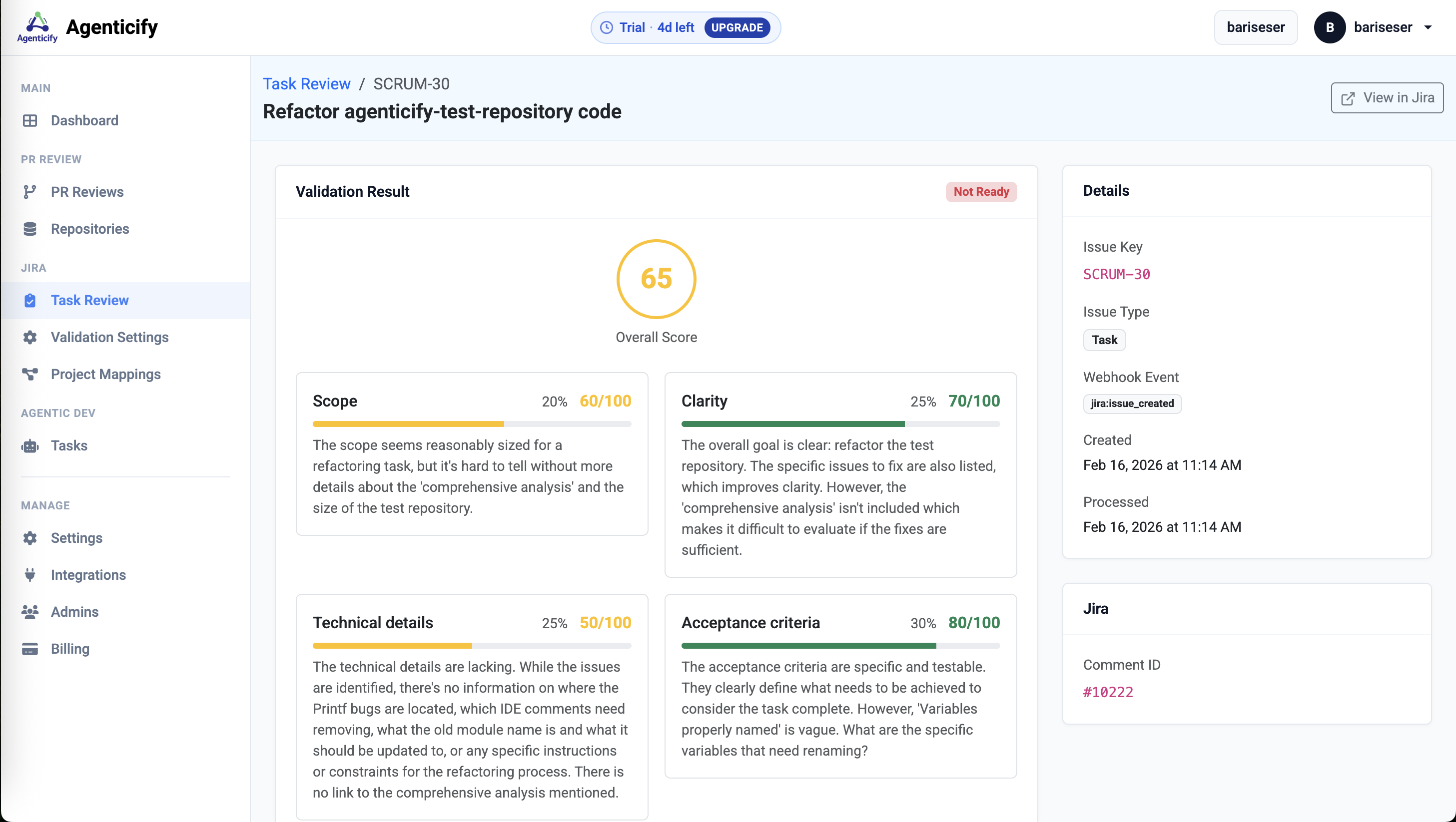 Agenticify Task Readiness — AI validates Jira tickets with weighted scoring